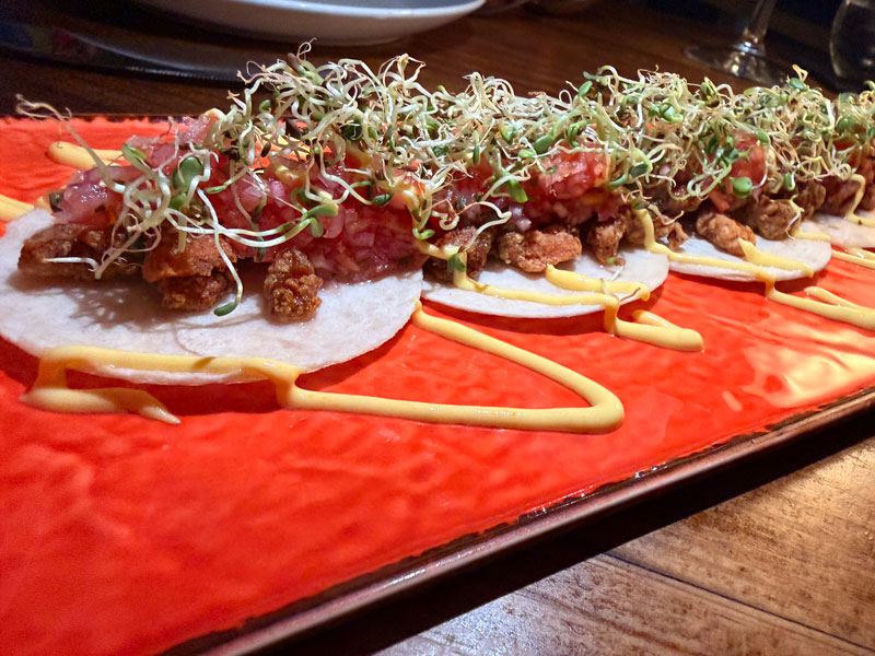 Fish tacos with pineapple criolla and aji yogurt at Baia Barbados