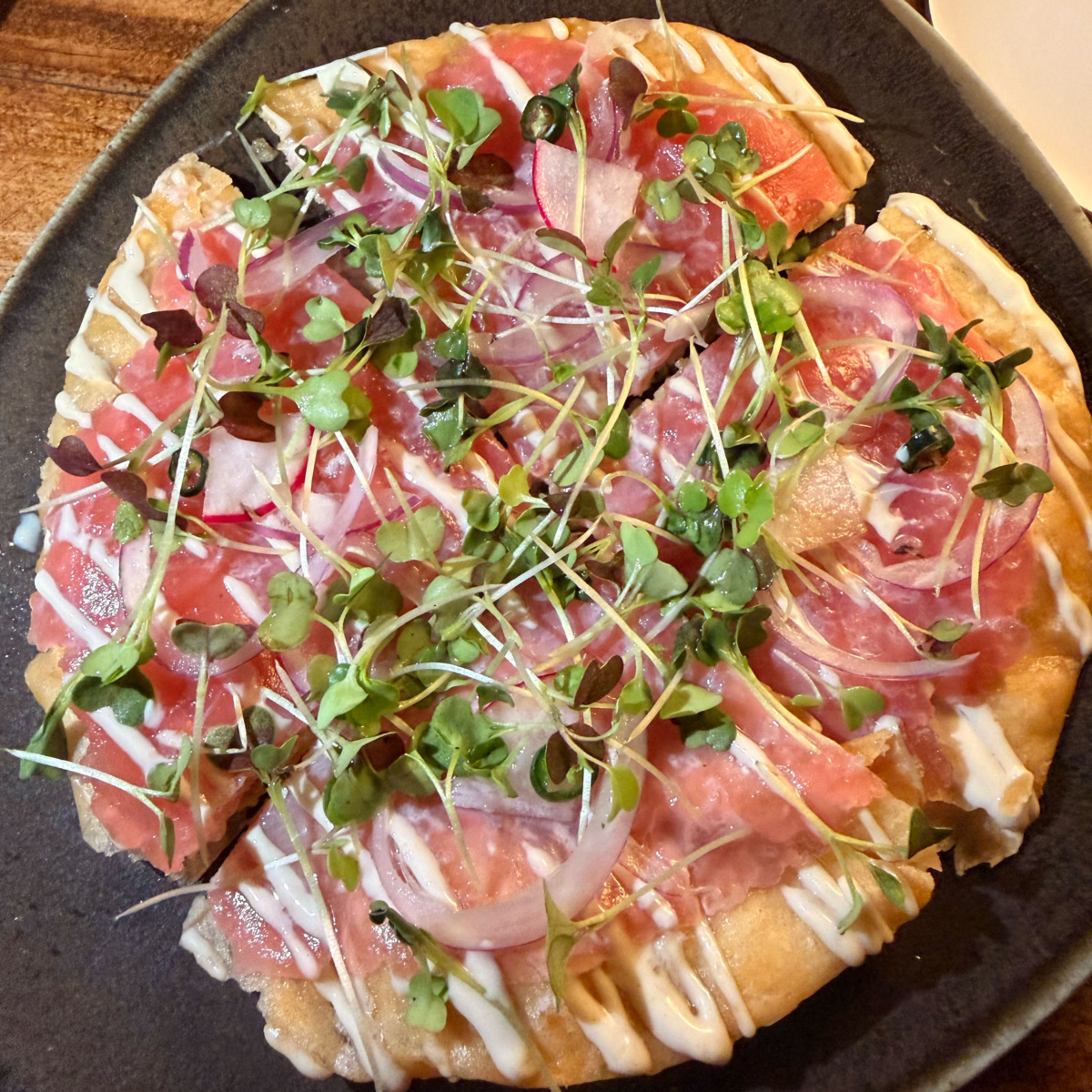Nikkei tuna tostada starter at Baia Barbados, Peruvian fusion fine dining, Barbados