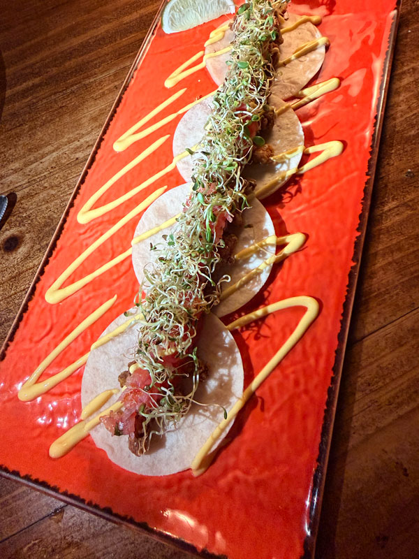 Crispy fish tacos close-up at Baia Barbados restaurant on the West Coast of Barbados