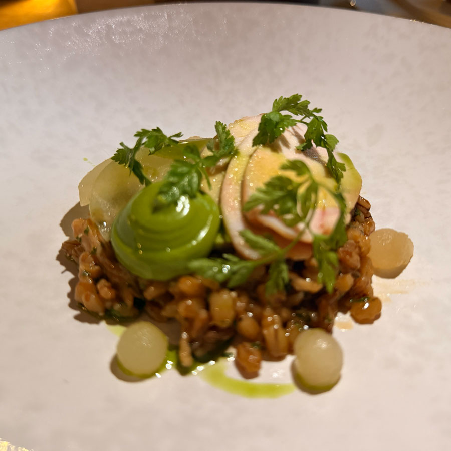 Braised pearl barley with smoked chicken, pickled pear and wild garlic at The Hand and Flowers — a 2011 classic