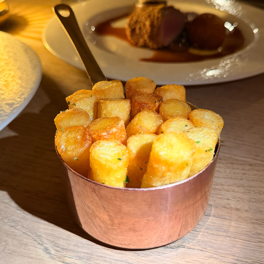 Hand and Flowers triple cooked chips — perfect golden cubes at Tom Kerridge's Michelin star pub in Marlow
