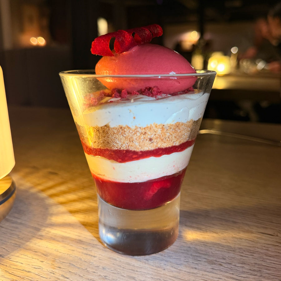 Raspberry and rose water trifle with white chocolate cremosa at The Hand and Flowers — a 2009 signature dessert