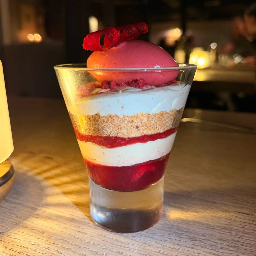 Raspberry and rose water trifle with white chocolate cremosa at The Hand and Flowers — a 2009 signature dessert