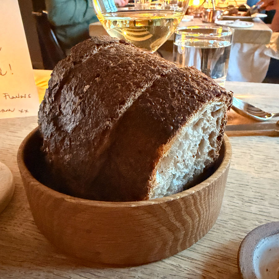 Pollen Bakery sourdough bread with ale butter at The Hand and Flowers, Marlow — the best sourdough in the UK