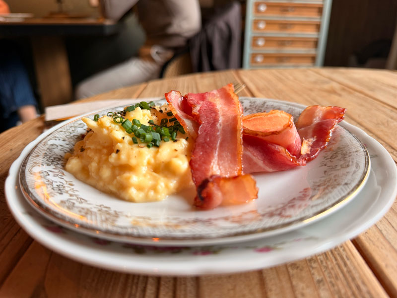 Scrambled eggs and bacon breakfast at La Maison du Tripot, Honfleur, Normandy