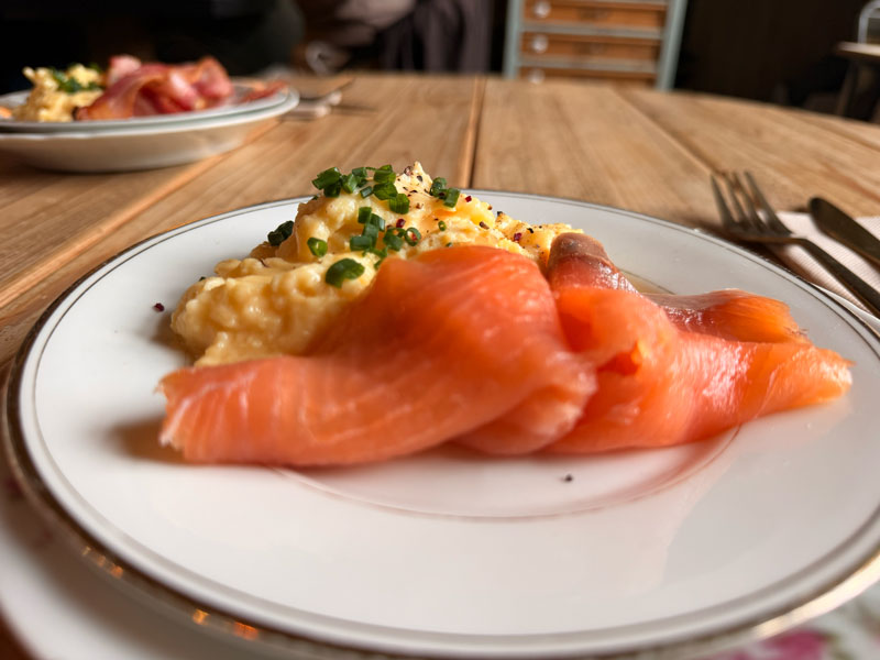 Scrambled eggs with smoked salmon breakfast at La Maison du Tripot, Honfleur