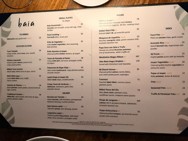 Baia Barbados Peruvian fusion menu at the table