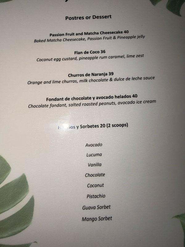 Dessert menu at Baia Barbados featuring churros, chocolate fondant and lucuma tiramisu