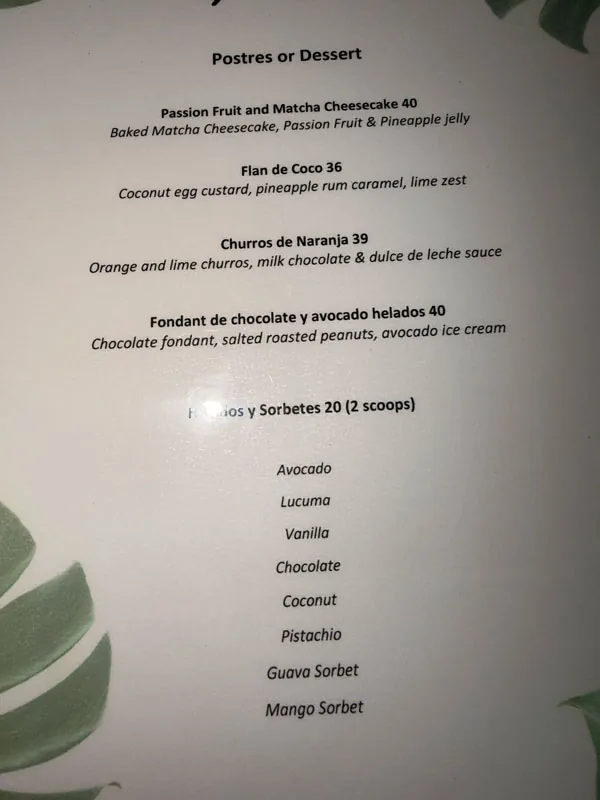 Dessert menu at Baia Barbados featuring churros, chocolate fondant and lucuma tiramisu