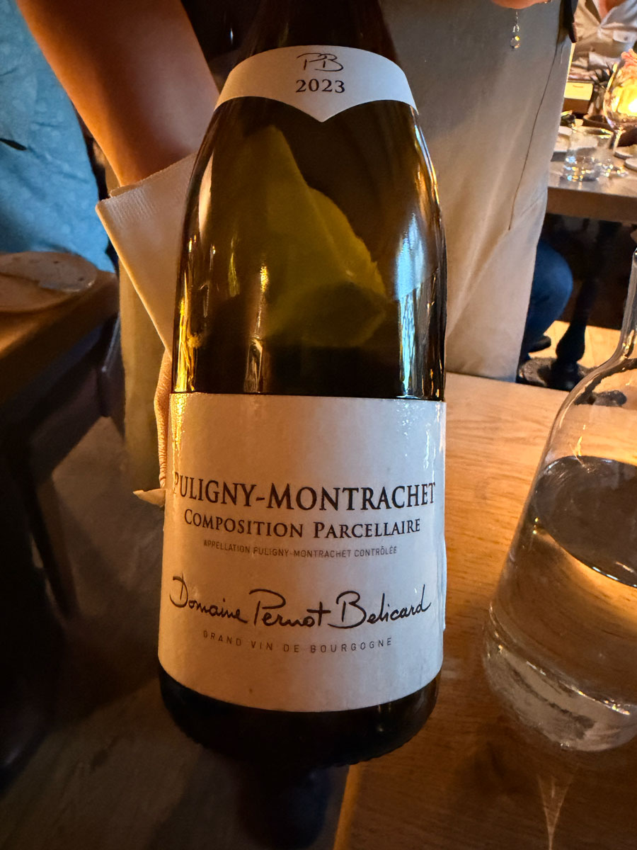 Bottle of Montrachet white Burgundy wine at The Hand and Flowers, Marlow