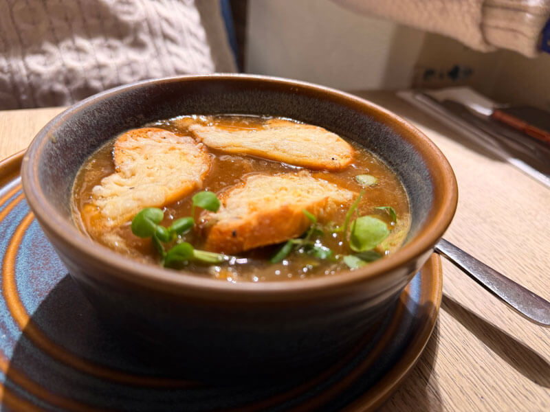 French onion soup starter at The Mousetrap pub, Bourton-on-the-Water