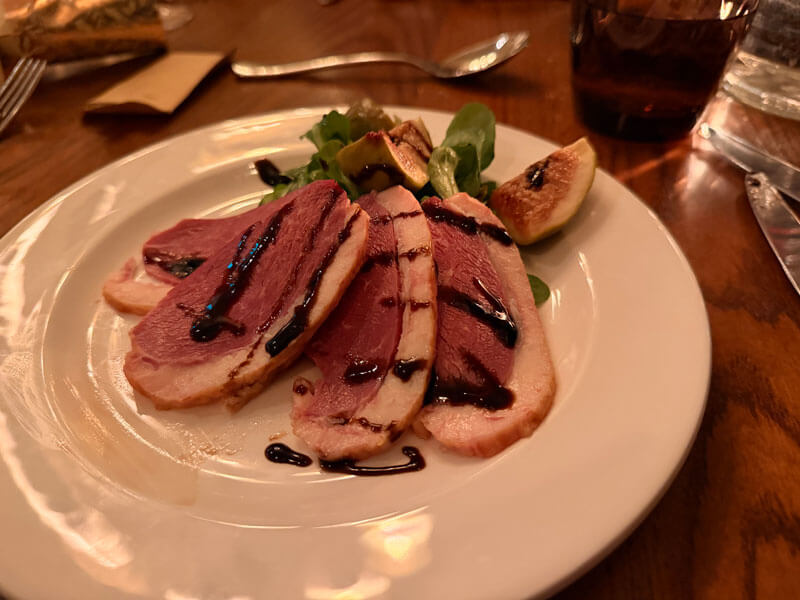 New Year's Eve starter of smoked duck at the Old New Inn Bourton-on-the-Water, Cotswolds
