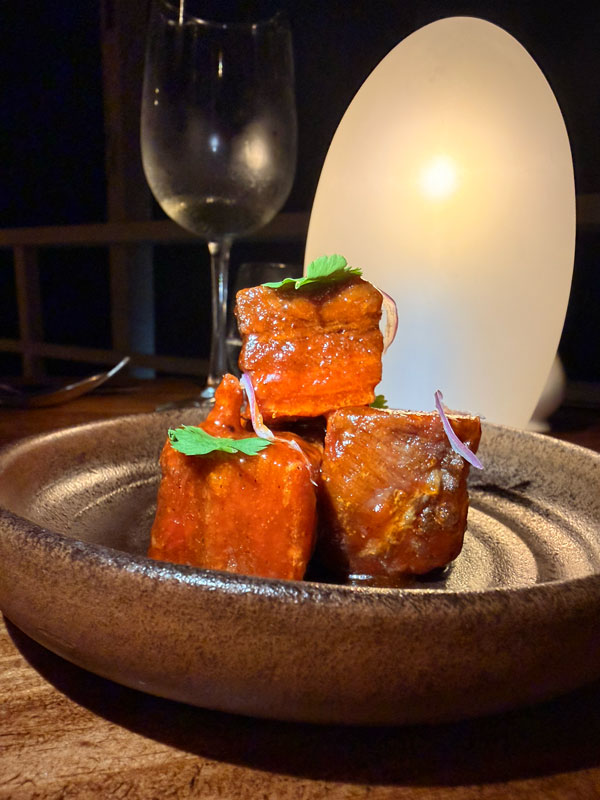 Pork crackling bites with rocoto jam at Baia Barbados Peruvian fusion restaurant
