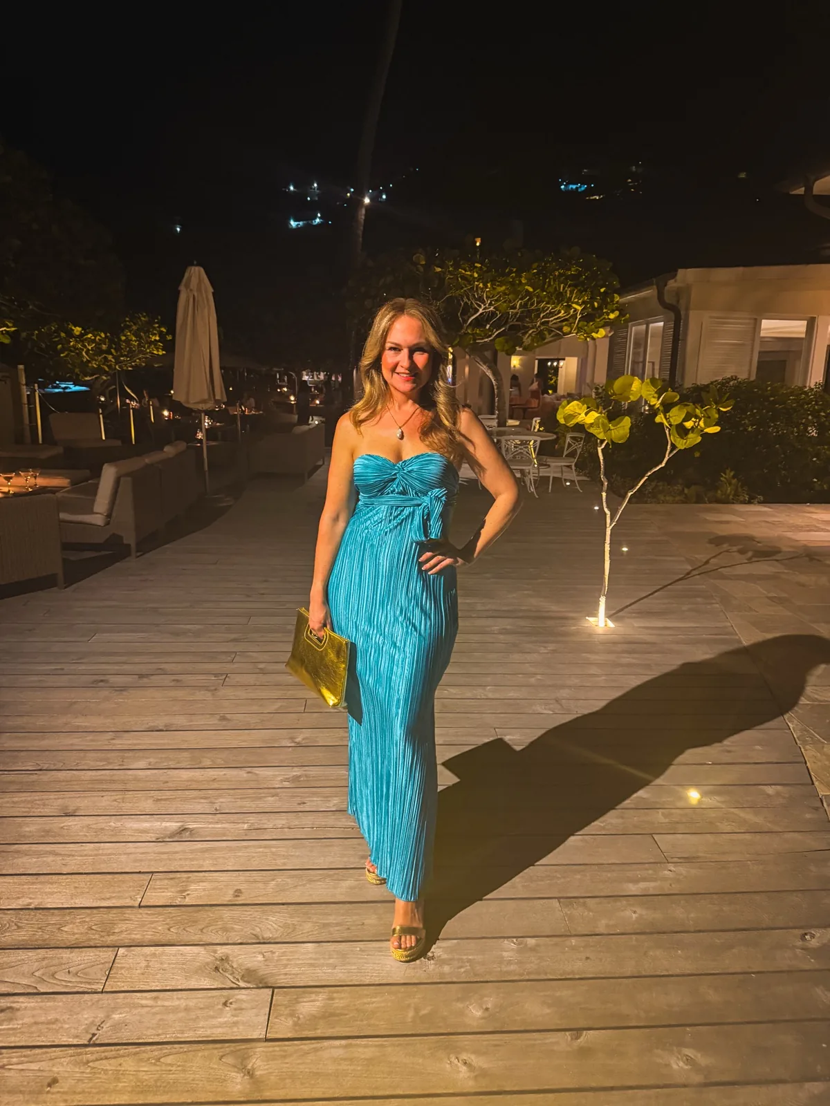 Dressed for dinner on the resort deck after dark