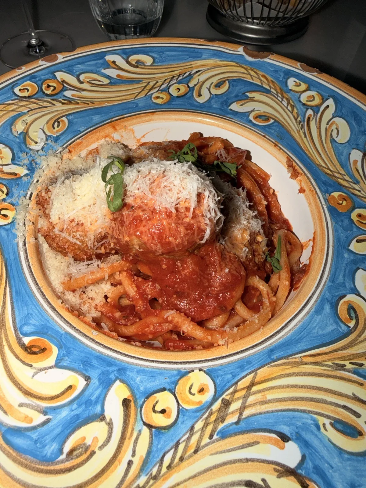 Spaghetti with spicy nduja meatballs under Parmigiano at Carlotta Marylebone