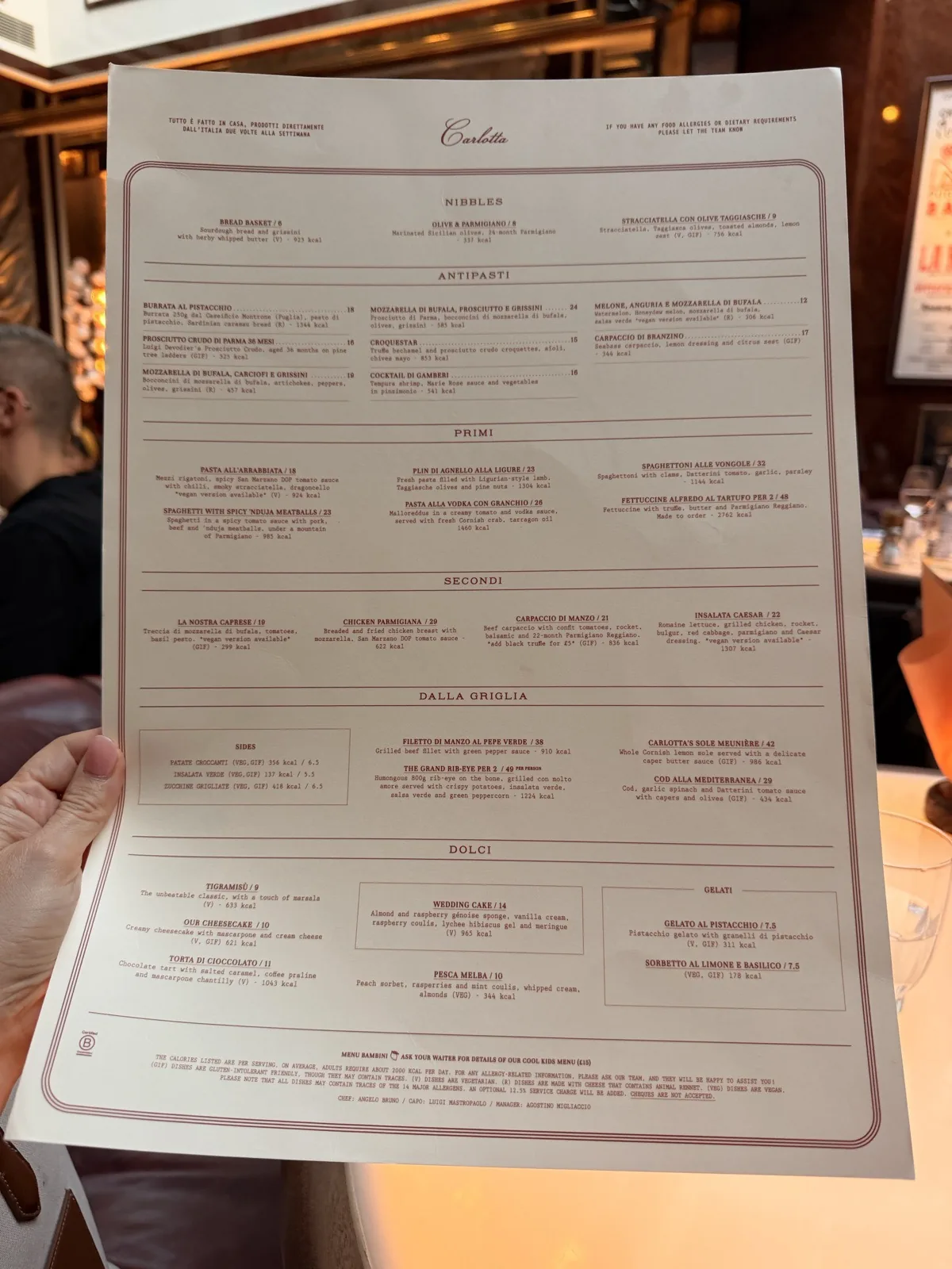The Carlotta Marylebone menu, with antipasti and primi dishes