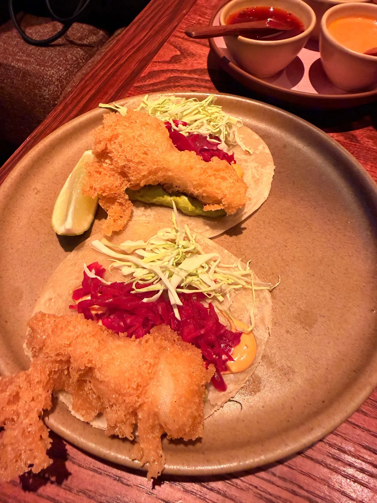 The Baja fish taco at Fonda, battered fish in a corn tortilla with slaw and pickled cabbage