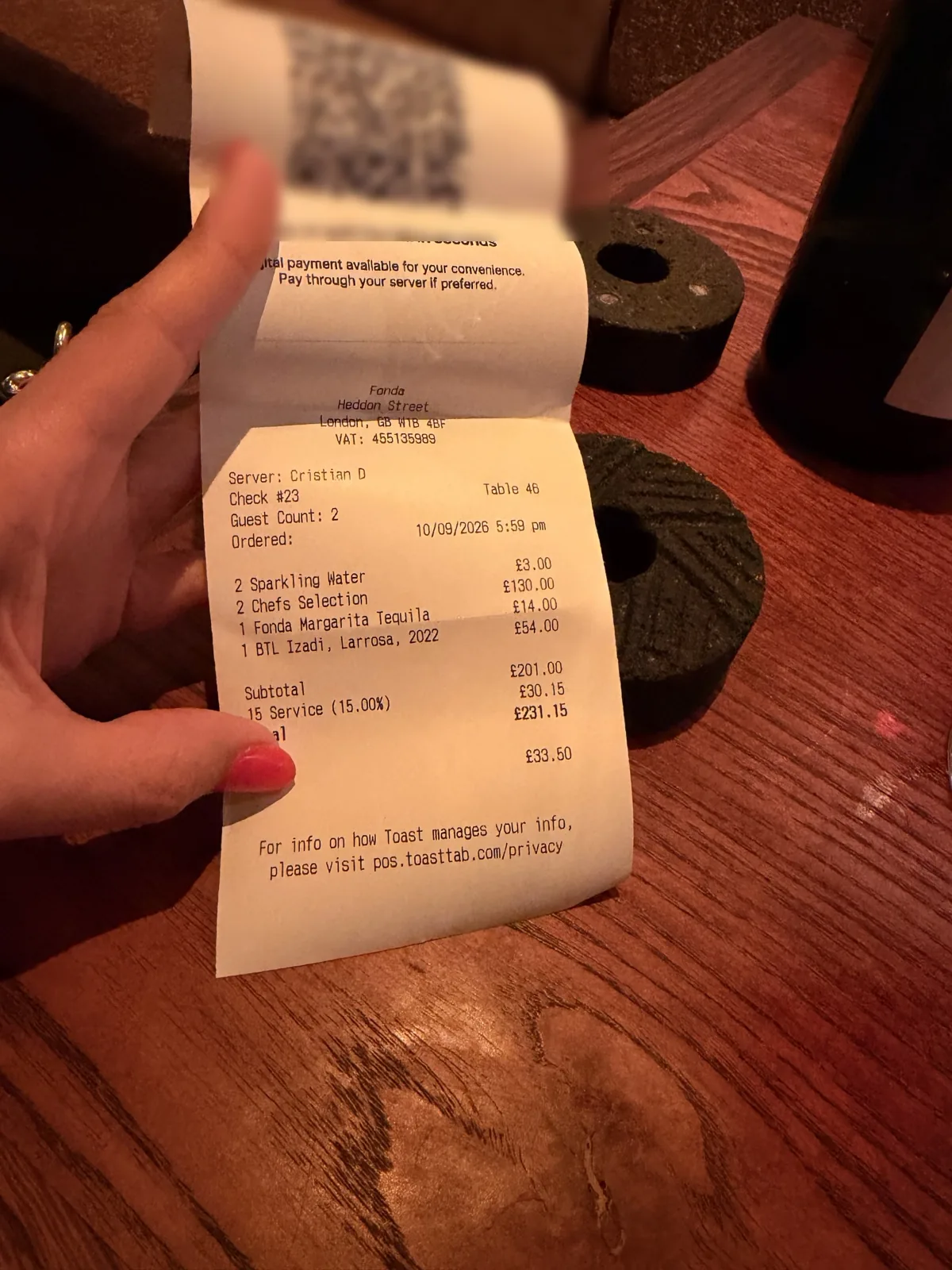 The bill for two at Fonda Mayfair, 231.15 pounds including the chef's selection for two, a bottle of Rioja, a margarita and 15 percent service