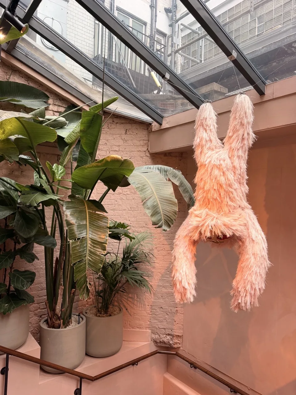 A pale pink fluffy sloth hanging upside down from the glass roof at Fonda Mayfair, beside tall banana plants and pink painted brick