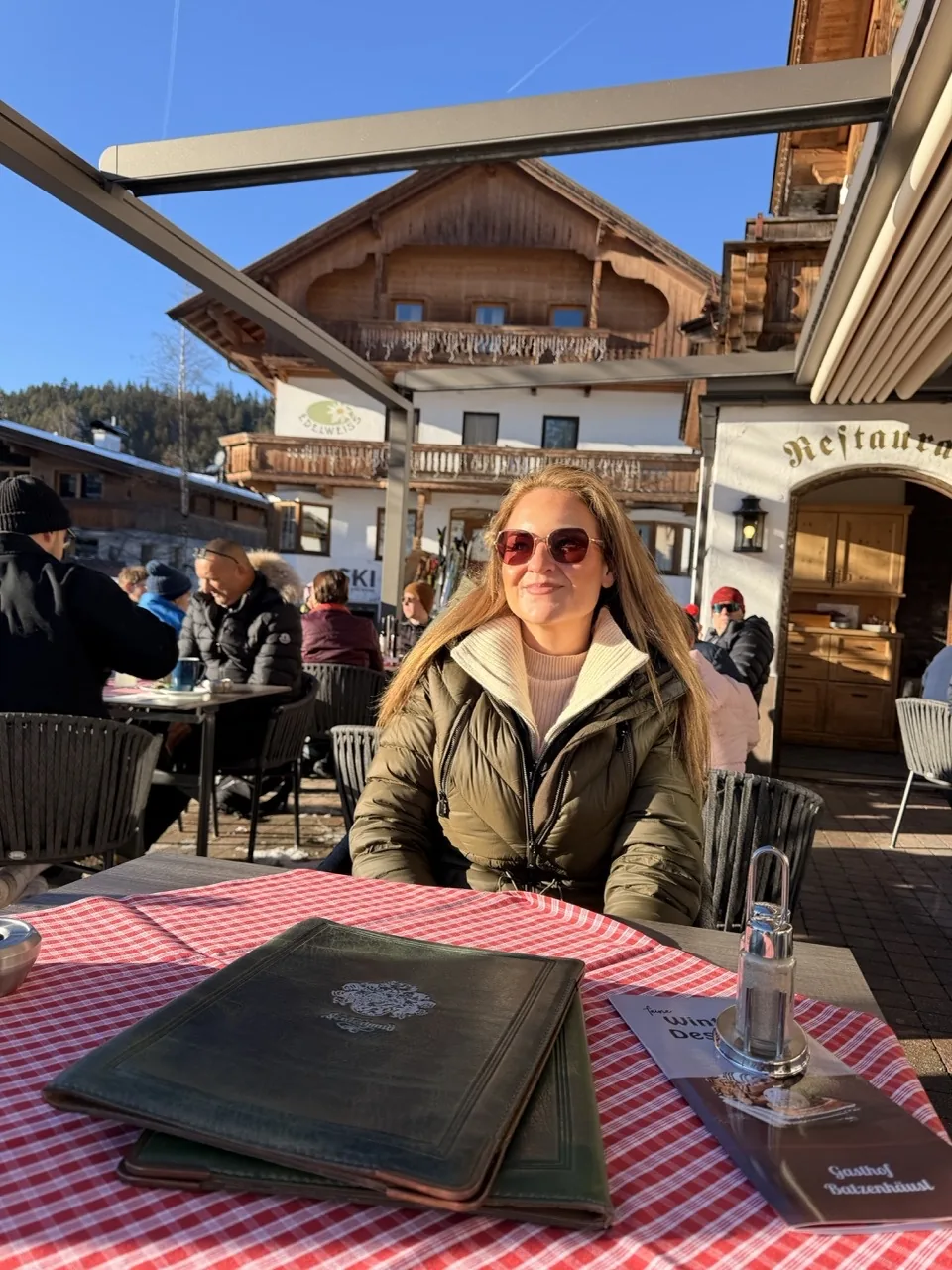 Lunch outside in the sun at Gasthof Batzenhäusl on the main strip in Seefeld on Christmas Day