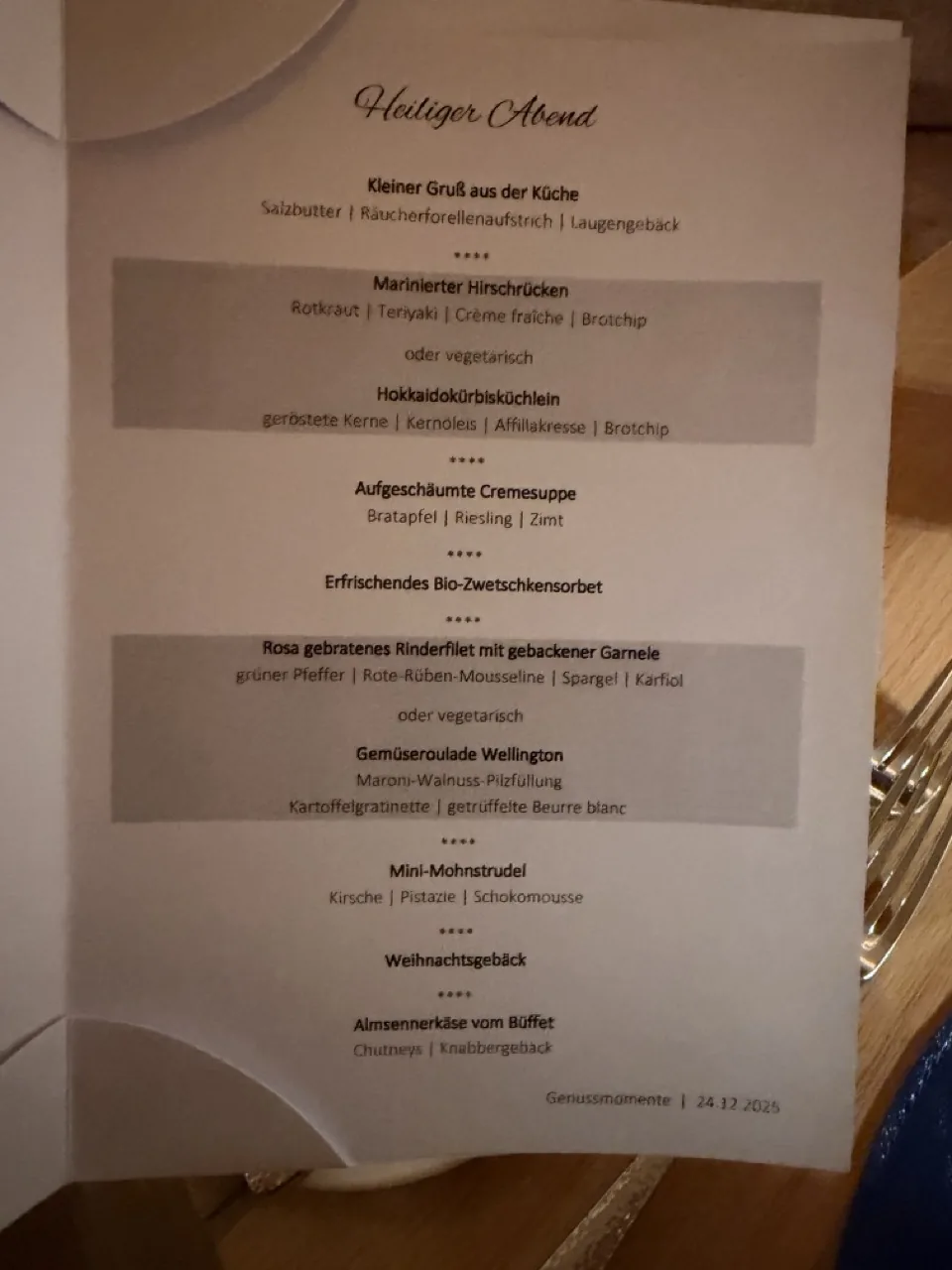 The Heiliger Abend menu at Hotel Kristall, the four course Christmas Eve tasting menu served on 24 December