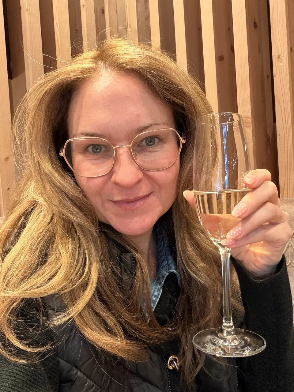 A glass of welcome prosecco at check in at Hotel Kristall, Leutasch, on 23 December