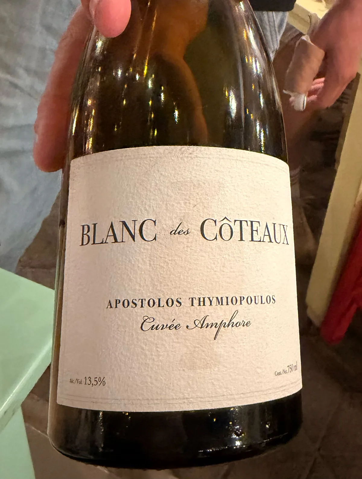 A bottle of Blanc des Coteaux Cuvee Amphore by Apostolos Thymiopoulos, the wine the sommelier steered us towards