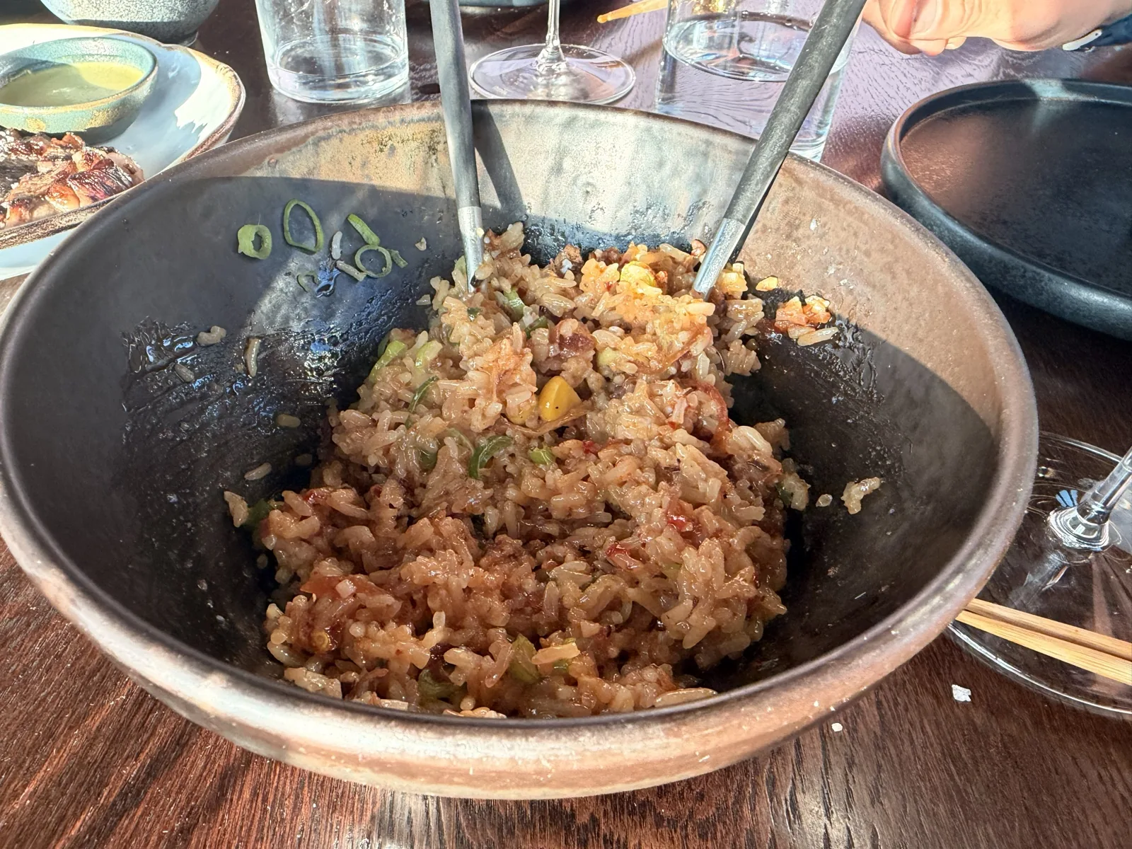 Egg fried rice with XO sauce and a slow cooked egg, mixed at the table at Lucky Cat 22 Bishopsgate