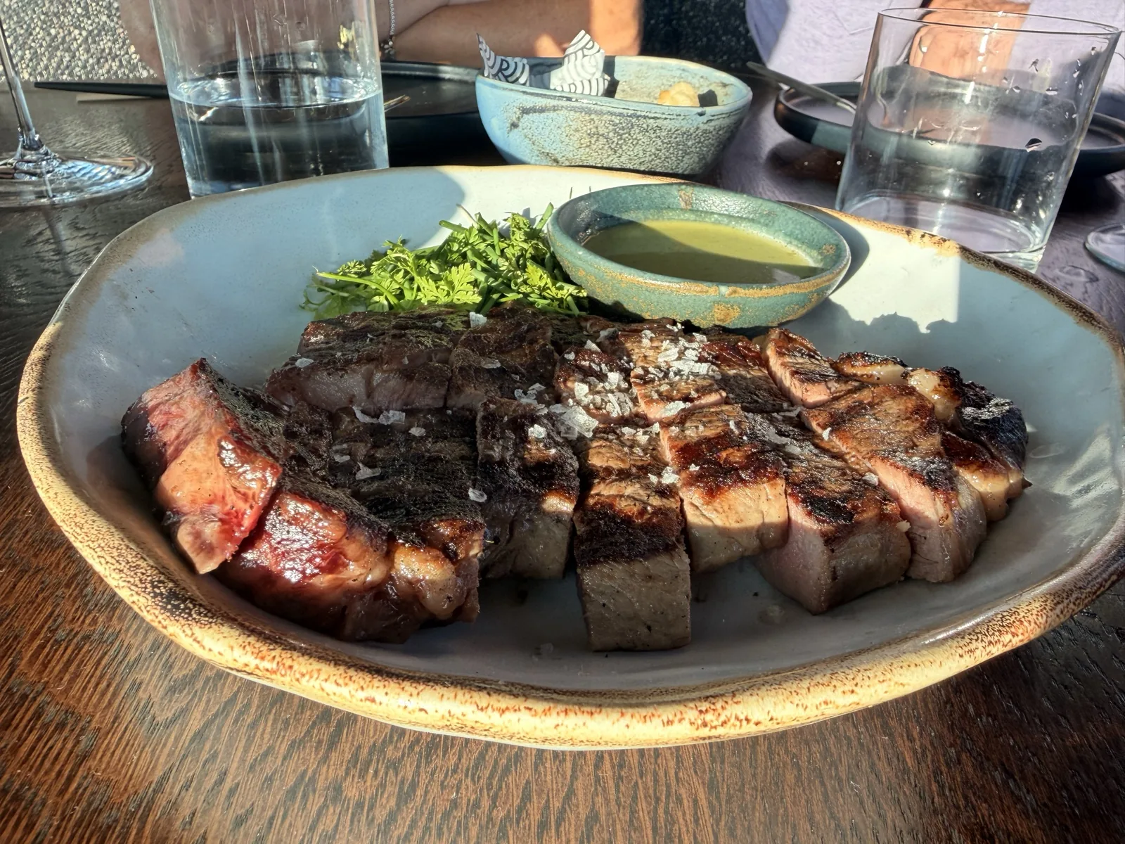 Ribeye with Thai chimichurri and a herb salad from the Signature menu at Lucky Cat London