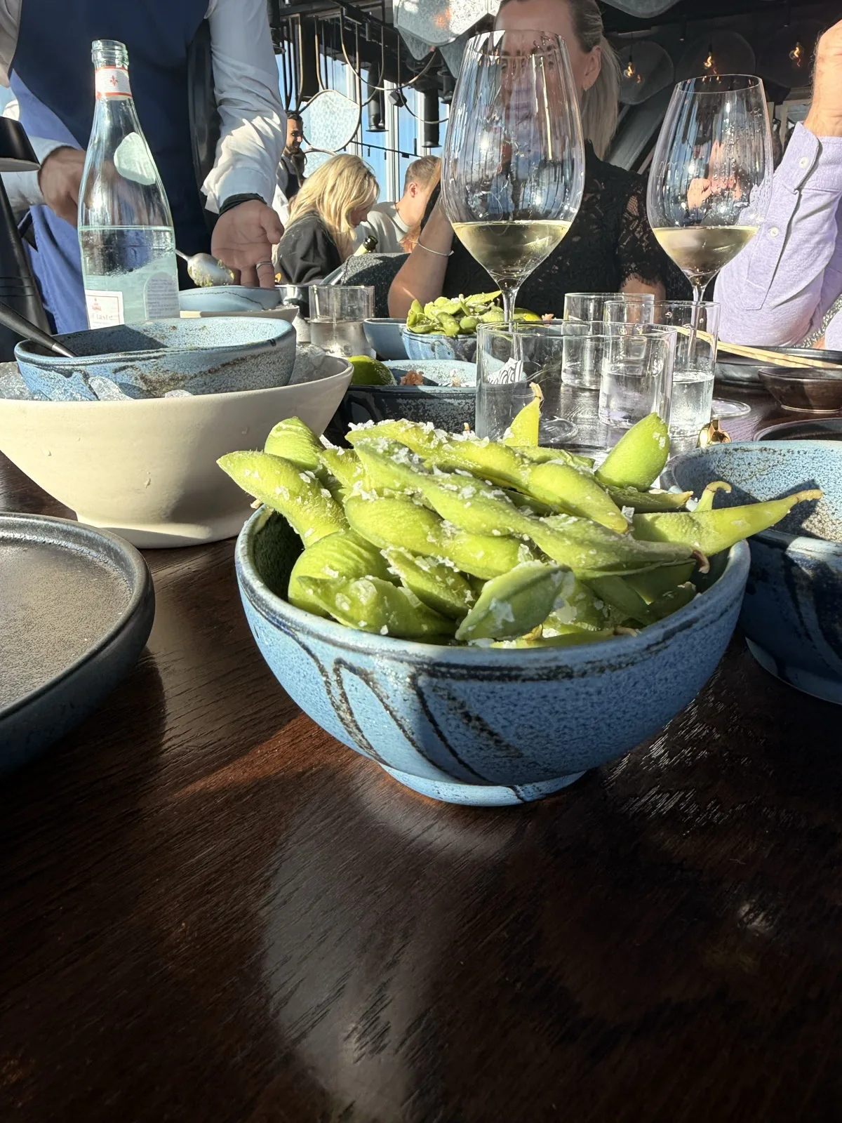 Salted edamame in a blue bowl, the first course of the Signature menu at Lucky Cat 22 Bishopsgate