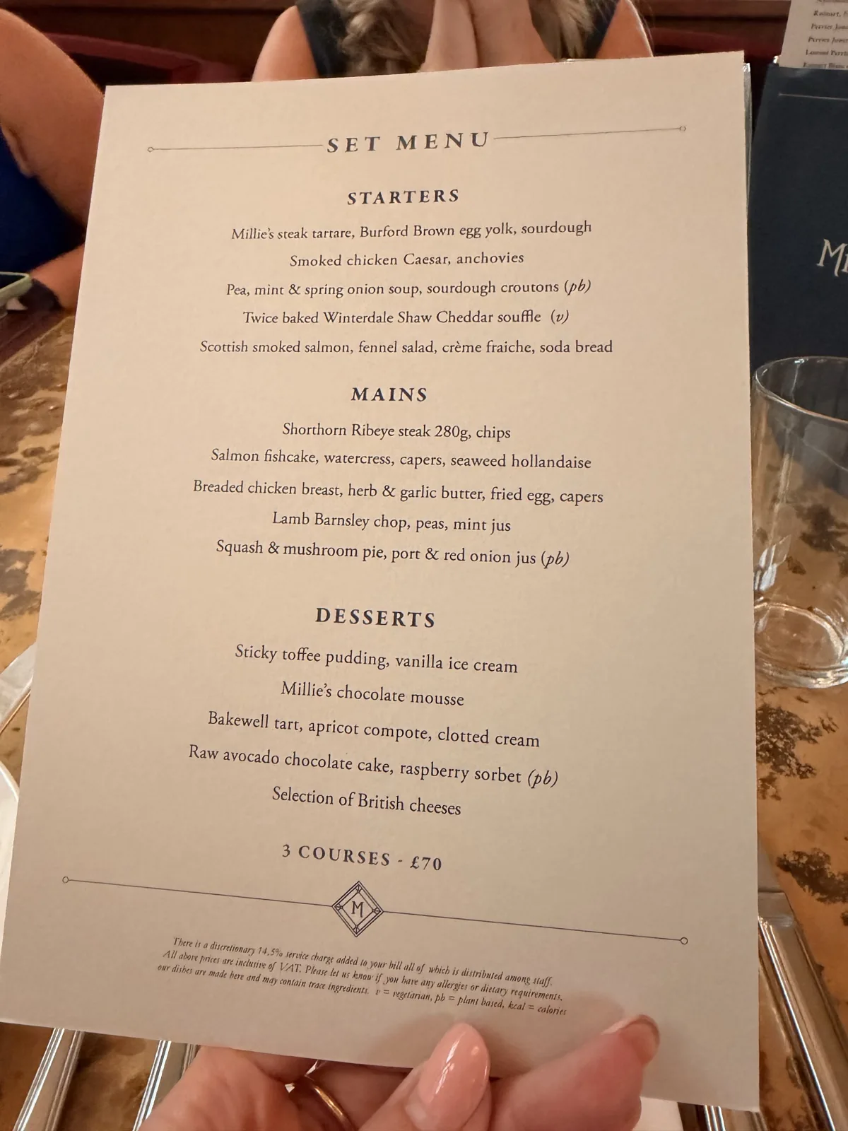 The Millie's Lounge three course set menu card at The Ned, five starters, five mains and five desserts for seventy pounds