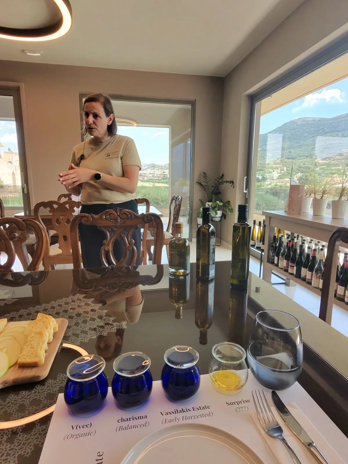 Our host talking us through the olive oil tasting at Vassilakis Estate, with the Mirambello Valley through the window