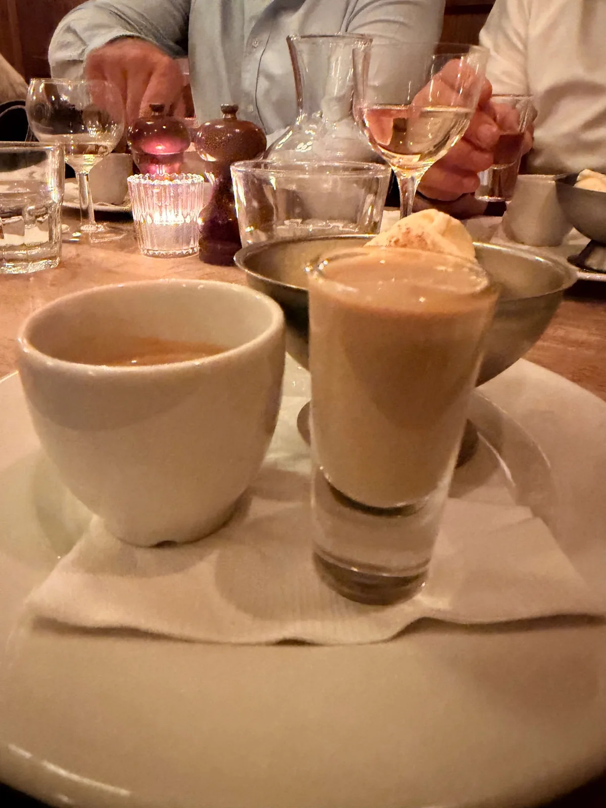 Affogato and coffee on the paper covered table at Prix Fixe Brasserie, Dean Street