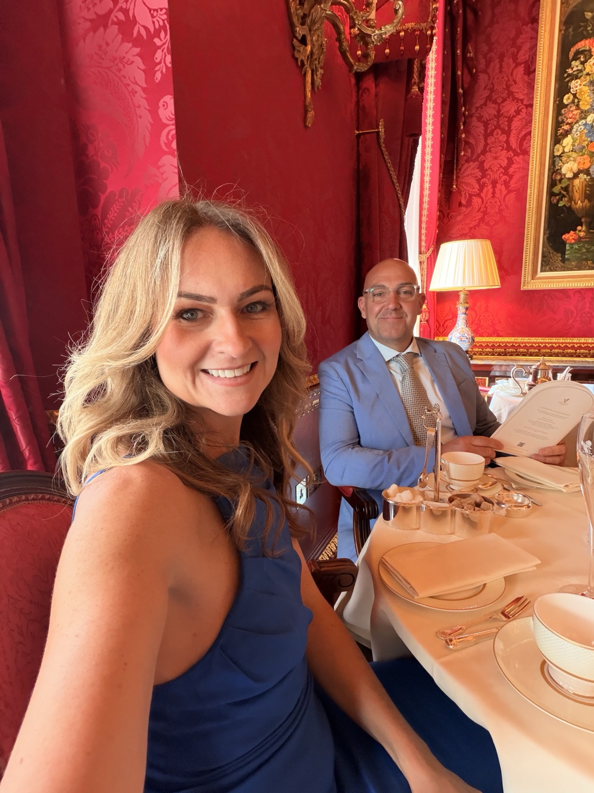 Cheryl and Charlie during afternoon tea at The Ritz London, looked after by the waiters throughout the sitting