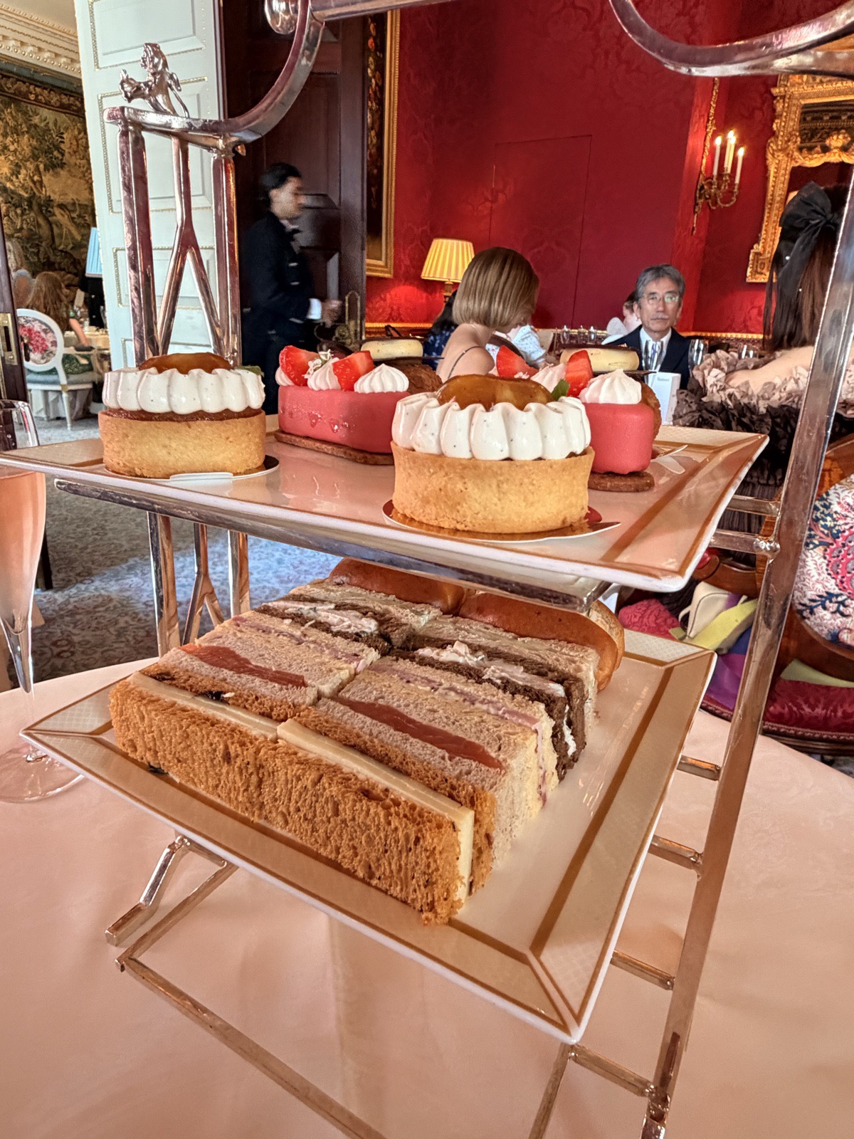 The pastry trolley selection at The Ritz London, including the strawberry and ginger mousse that went home in a box