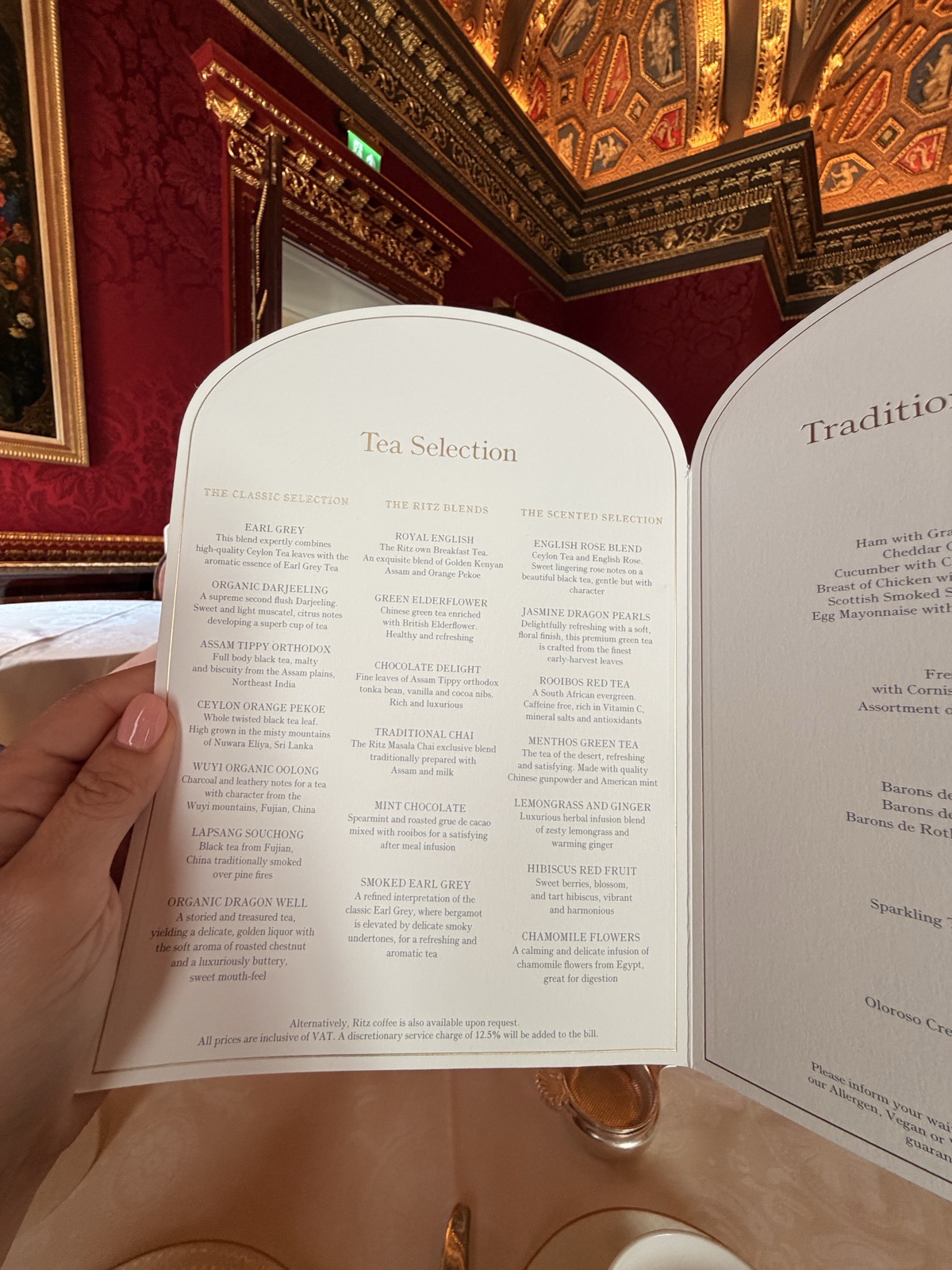 The tea selection menu at The Ritz London listing its 20 loose leaf teas, sourced by the hotel's Tea Master