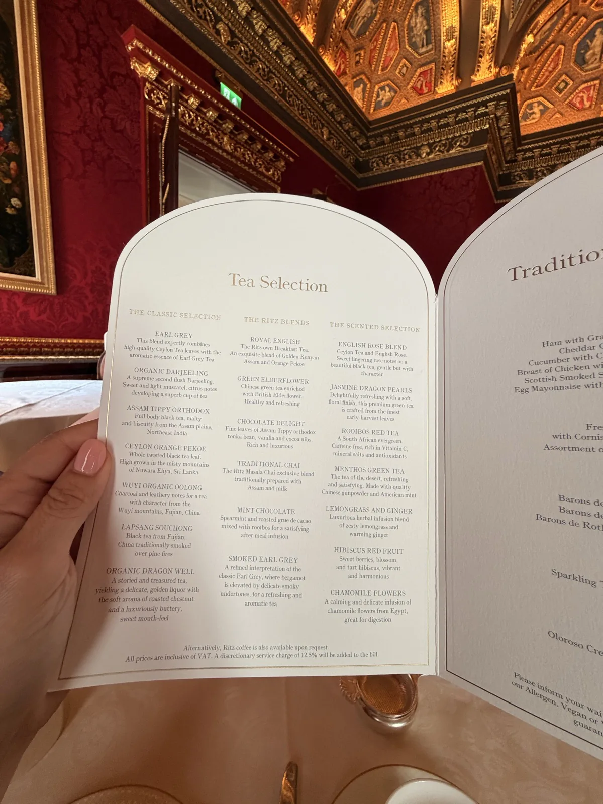 The tea selection menu at The Ritz London listing its 20 loose leaf teas, sourced by the hotel's Tea Master