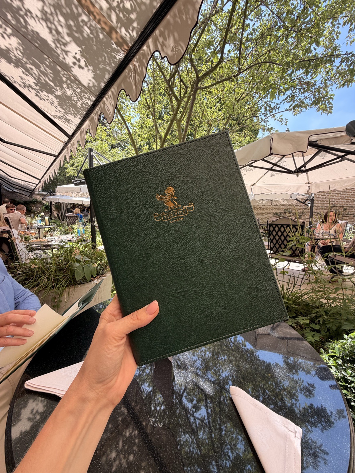 The green leather drinks menu held up at a table in the Secret Garden at The Ritz London
