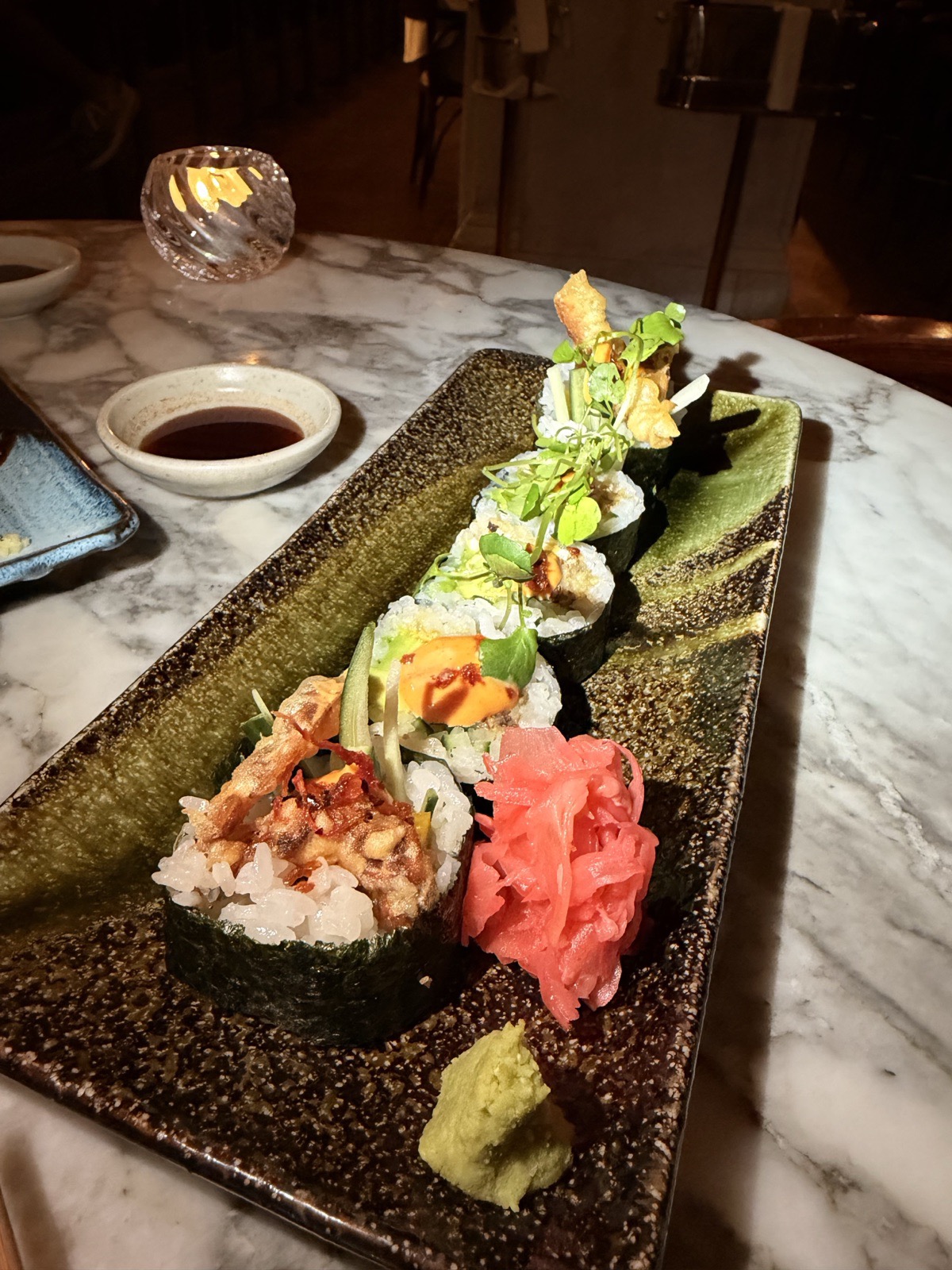 The Ned London review: soft shell crab sushi rolls with avocado and cucumber at Kaia